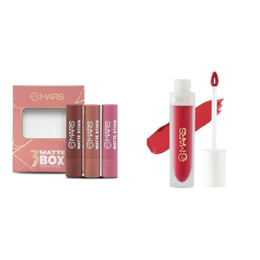 MARS Matte Box Set of 3 Lipsticks for Women (3x3.2 gm) (05-Blushed & Nudes) Matte Liquid Lip Color | Long Lasting | Non-Transfer & Waterproof Lipstick for Women (4.5 ml) (21-Red Luck)